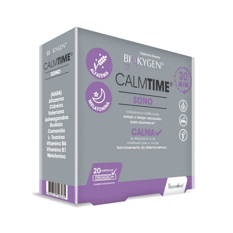 Envase Calmtime Sono 20 Ampollas Biokygen, en blanco y azul, ideal para favorecer un sueño tranquilo y reparador de forma natural.