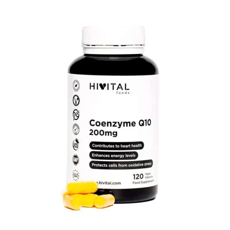 Frasco de Coenzima Q10 200 mg con 120 cápsulas de Hivital, un suplemento antioxidante para la energía y la salud cardiovascular.