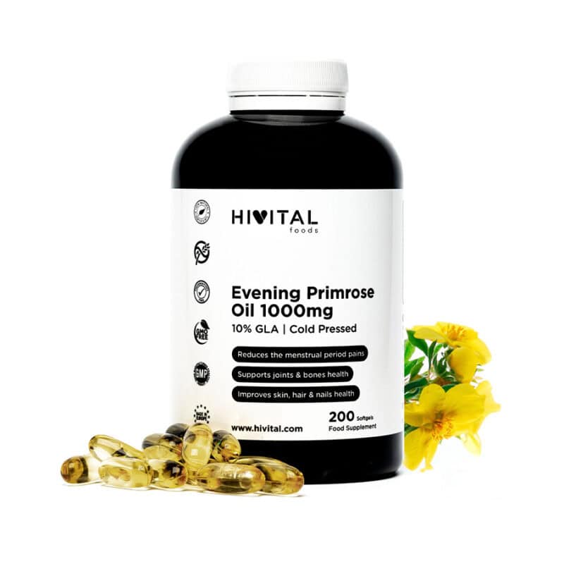 Frasco de 200 cápsulas de Aceite de Onagra 1000mg de Hivital, un suplemento natural con propiedades antiinflamatorias y reguladoras de las hormonas.