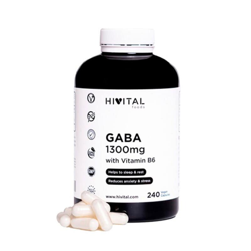 "Frasco de GABA 400 mg con vitamina B6, 240 cápsulas de Hivital, un suplemento para la relajación, la concentración y el bienestar mental.