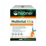 Embalagem do Multivital Kids com 15 saquetas de 15ml da Hübner, suplemento vitamínico para suporte infantil.