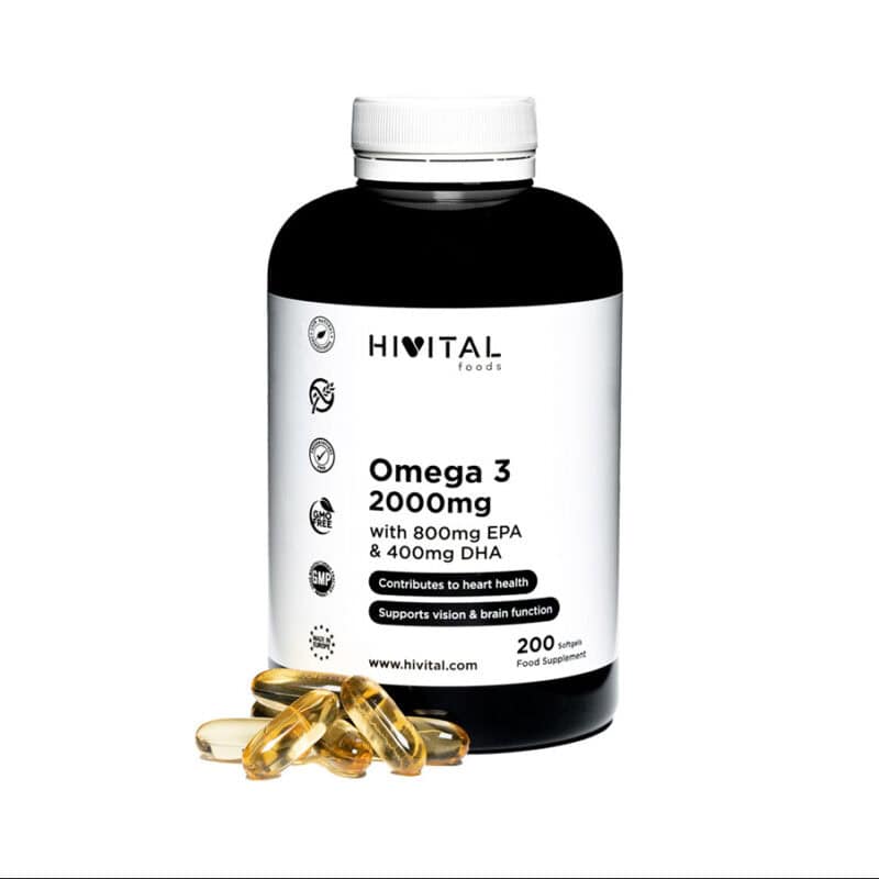 Frasco de 200 cápsulas de Hivital Omega 3 2000mg, un suplemento con ácidos grasos esenciales para la salud cardiovascular, cerebral y articular.