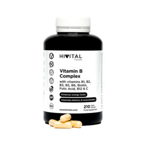 Frasco de 210 cápsulas de Complejo Vitamínico B Hivital, un suplemento para el apoyo energético, la salud del sistema nervioso y el metabolismo.