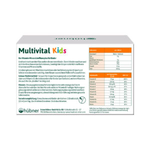 Embalagem do Multivital Kids com 15 saquetas de 15ml da Hübner, suplemento vitamínico para suporte infantil.