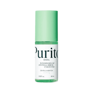 Frasco de Serum de Centella Wonder Releaf de Purito Seúl sin perfume 60 ml, un tratamiento calmante e hidratante para pieles sensibles.