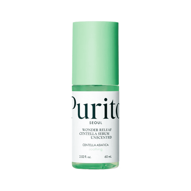 Frasco de Serum de Centella Wonder Releaf de Purito Seúl sin perfume 60 ml, un tratamiento calmante e hidratante para pieles sensibles.