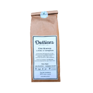 Envase para Té Blanco Dellium Limón y Jengibre 50 g, una infusión aromática y refrescante con propiedades antioxidantes.