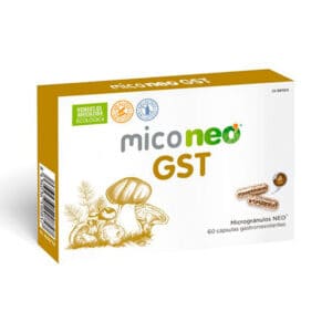 Frasco do Mico Neo GST com 60 cápsulas da NeoVital Health, suplemento com cogumelos medicinais para suporte gastrointestinal.