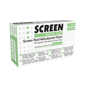 Envase del Kit H. Pylori Antigen 1 Kit de Screen Pharma, una prueba rápida para la detección de la bacteria H. Pylori.