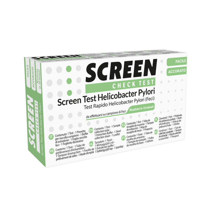 Embalagem do Auto-Teste H. Pylori Antigénio 1 Kit da Screen Pharma, teste rápido para detecção da bactéria H. Pylori.