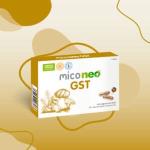 Frasco do Mico Neo GST com 60 cápsulas da NeoVital Health, suplemento com cogumelos medicinais para suporte gastrointestinal.