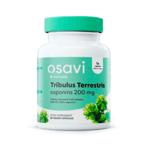 Frasco de 200 mg de Saponinas de Tribulus Terrestris con 90 cápsulas veganas de Osavi, apoyo para la vitalidad y el rendimiento físico.