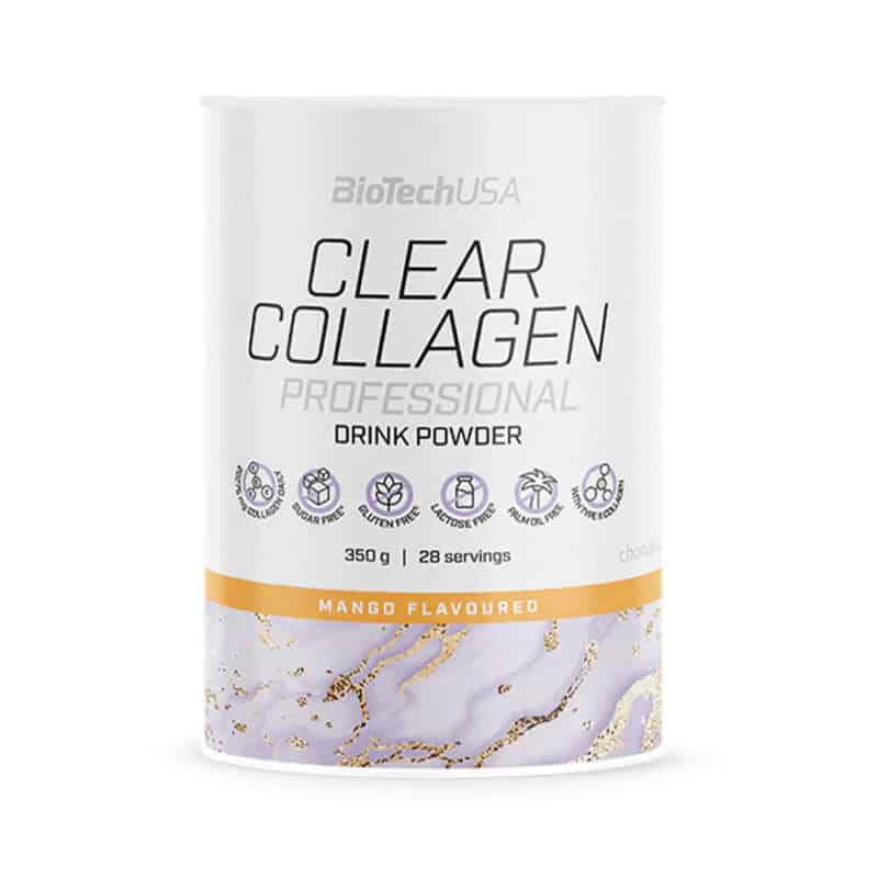 Embalagem do Clear Collagen Professional Drink Powder 350g sabor manga da Biotech USA, suplemento de colagénio hidrolisado em pó.