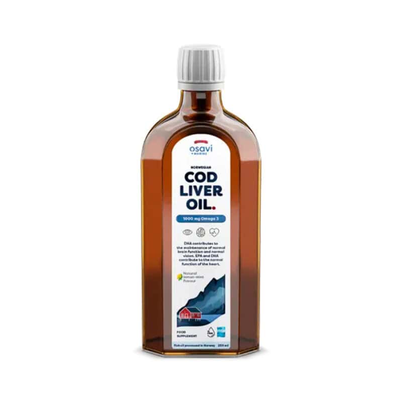 Frasco do Óleo de Fígado de Bacalhau 1000mg com 250ml da Osavi, suplemento líquido rico em vitaminas A e D e ómega-3.