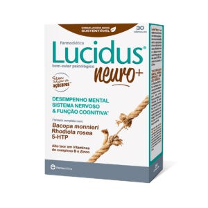 Frasco do Lucidus Neuro+ com 30 cápsulas da Farmodiética, suplemento para suporte da memória, concentração e desempenho cognitivo.