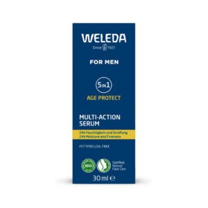 Frasco do Sérum Multi Ação 5 em 1 Homem da Weleda, cuidado intensivo para hidratação, firmeza e proteção da pele masculina."