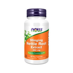 Frasco do Stinging Nettle Root Extract 250mg com 90 cápsulas da Now, suplemento natural para suporte urinário e prostático.
