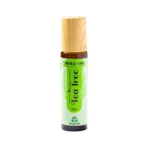 Frasco do Roll-On Tea Tree 10ml da Elegante F. J. Campos, aplicação prática de óleo essencial de árvore-do-chá.