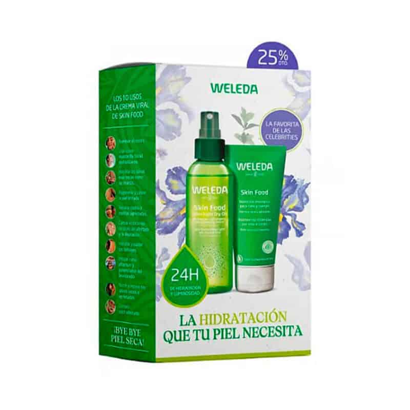 Embalagem promocional do Pack Skin Food + Óleo Seco 100ml da Weleda, cuidado completo para hidratação intensa e nutrição da pele.