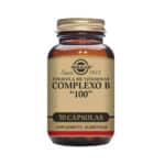 Frasco do Complexo B-100 com 50 cápsulas da Solgar, suplemento com todas as vitaminas do complexo B para energia e sistema nervoso.