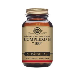 Frasco do Complexo B-100 com 50 cápsulas da Solgar, suplemento com todas as vitaminas do complexo B para energia e sistema nervoso.