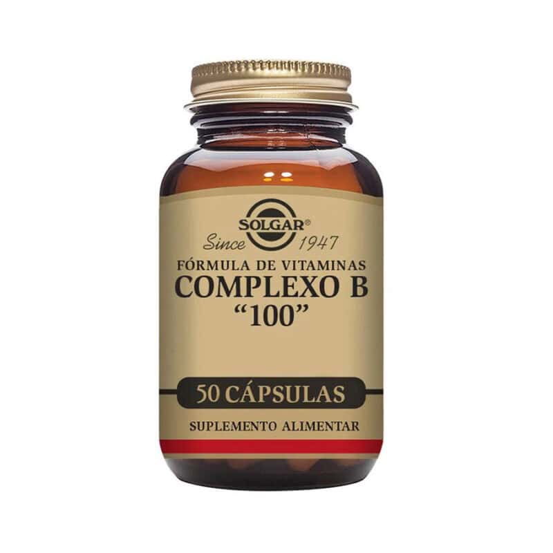 Frasco do Complexo B-100 com 50 cápsulas da Solgar, suplemento com todas as vitaminas do complexo B para energia e sistema nervoso.