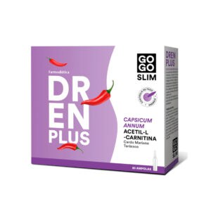 Embalagem do Go Go Slim DrenPlus com 20 ampolas da Farmodiética, suplemento drenante natural para retenção de líquidos e detox.