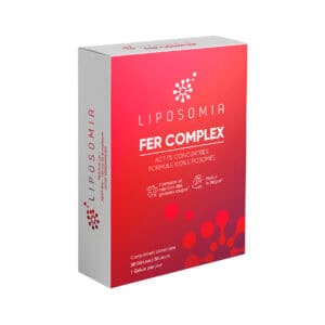 Frasco do Fer Complex 14mg com 30 cápsulas da Liposomia, suplemento lipossomal de ferro para combater a fadiga e apoiar a formação de glóbulos vermelhos.