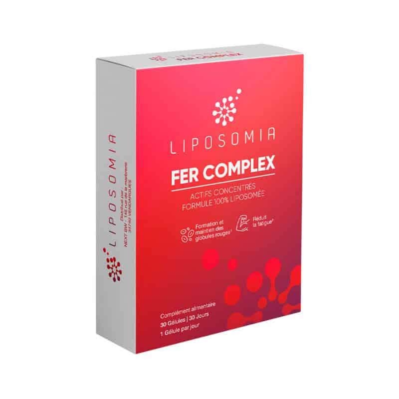 Frasco do Fer Complex 14mg com 30 cápsulas da Liposomia, suplemento lipossomal de ferro para combater a fadiga e apoiar a formação de glóbulos vermelhos.