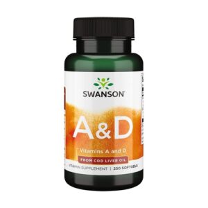Frasco de Vitaminas A e D com 250 cápsulas da Swanson, suplemento essencial para imunidade e visão.