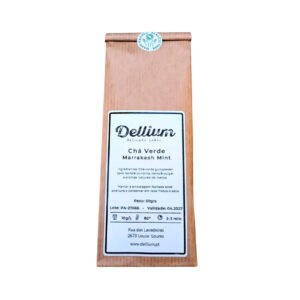 Saqueta de Chá Verde Marrakesh Mint 50g da Dellium, mistura aromática com hortelã inspirada na tradição marroquina.