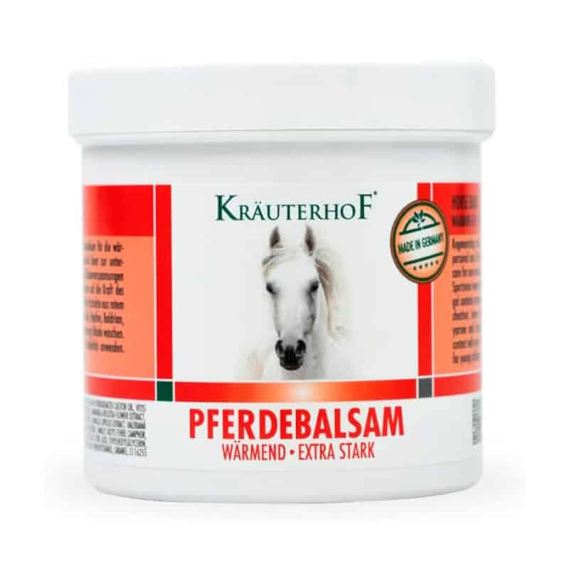 Frasco do Pferde Bálsamo do Cavalo Efeito Quente Extra Forte 500ml da Kräuterhof, bálsamo com ação intensa para músculos e articulações.