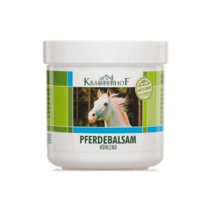 Frasco do Pferde Bálsamo do Cavalo Efeito Frio 500ml da Kräuterhof, bálsamo refrescante de grande formato para alívio muscular.