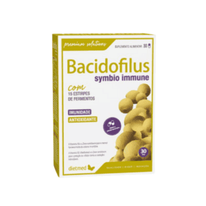 Embalagem do suplemento Naturmil com 30 cápsulas de Bacidofilus Symbio Immune, fórmula probiótica que reforça o sistema imunitário e o equilíbrio intestinal.
