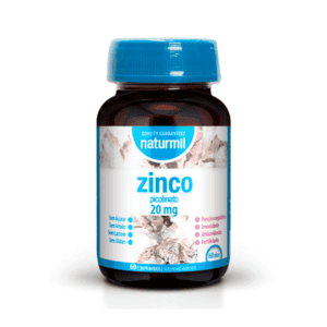 Frasco de suplemento Naturmil com 60 comprimidos de picolinato de zinco 20mg, indicado para reforçar o sistema imunitário e manter a saúde da pele.