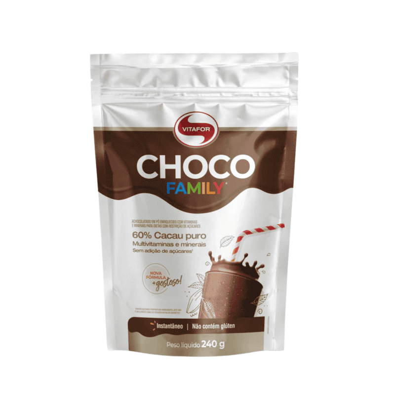 Embalagem de Choco Family 240gr da marca Vitafor, suplemento alimentar em pó sabor chocolate, indicado para toda a família