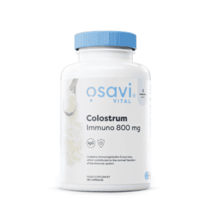 Frasco de suplemento Osavi com 60 cápsulas de colostro bovino 800mg, desenvolvido para reforçar o sistema imunitário e a defesa natural do organismo.