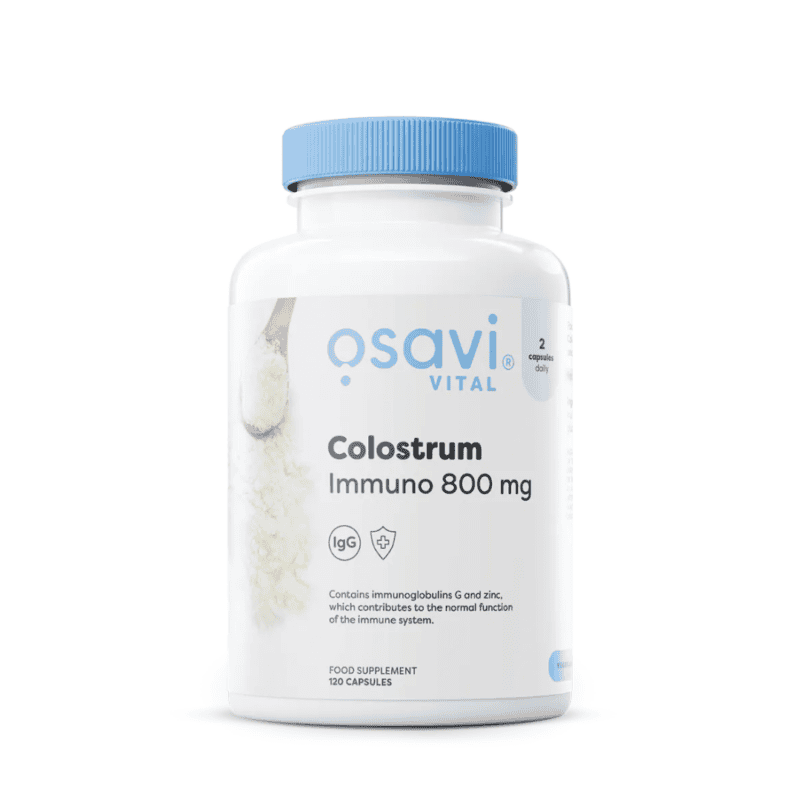 Frasco de suplemento Osavi com 60 cápsulas de colostro bovino 800mg, desenvolvido para reforçar o sistema imunitário e a defesa natural do organismo.