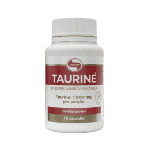 Frasco de suplemento Taurine da Vitafor com 30 cápsulas, indicado para suporte à função muscular e desempenho físico.