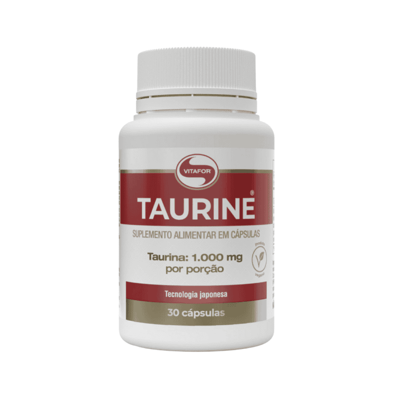 Frasco de suplemento Taurine da Vitafor com 30 cápsulas, indicado para suporte à função muscular e desempenho físico.