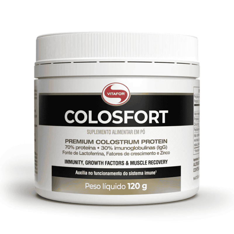 Suplemento Colosfort Vitafor em pote de 120g, pó branco em embalagem com tampa roxa, indicado para fortalecimento imunológico.