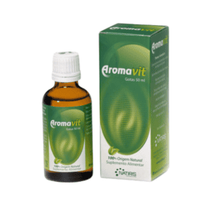 Frasco de suplemento alimentar Aromavit Natiris 50ml com conta-gotas, indicado para reforçar o sistema imunitário e o bem-estar geral.