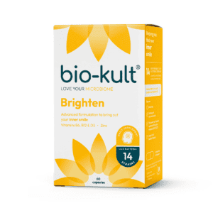 bio-kult brighten frasco branco com 60 cápsulas probióticas, suplemento alimentar para bem-estar emocional e imunidade