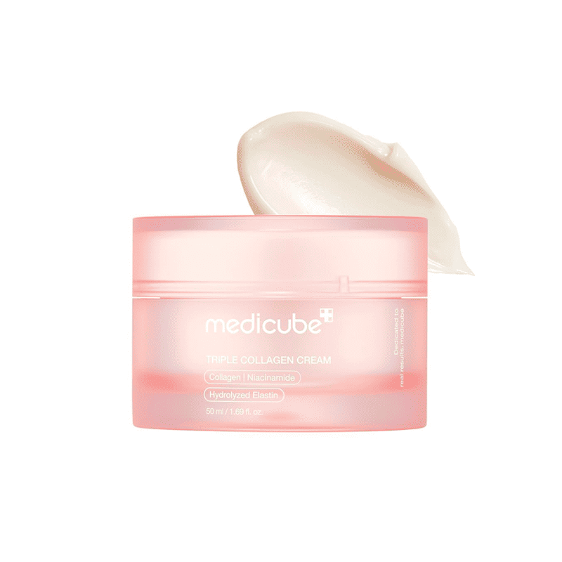 triple collagen cream medicube pote branco de 50ml com tampa vermelha, creme facial anti-idade para firmeza e elasticidade da pele